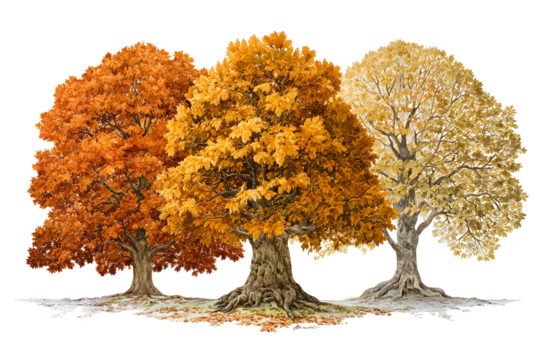 Autumn forest study featuring three distinct deciduous trees for seasonal design projects