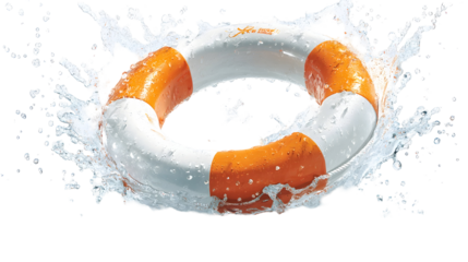 Bright orange and white lifebuoy splashing in water for safety and rescue themes