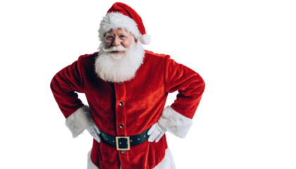 Santa claus in red suit with hands on hips smiling on a black background with glasses and white beard