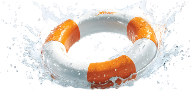 Bright orange and white lifebuoy splashing in water for safety and rescue themes