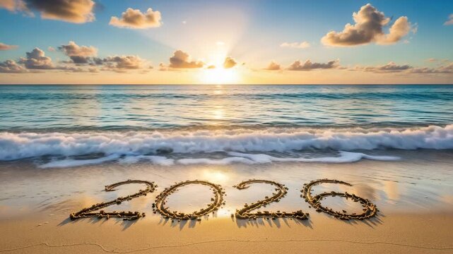 Year 2026 written in beach sand signifies a new beginning