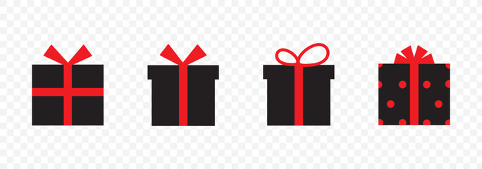 Gift boxes icons set. Collection of black gift boxes with ribbon bow on white background. Holiday presents. Vector illustration.