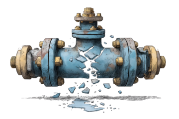Broken industrial water valve with large crack and leakage concept