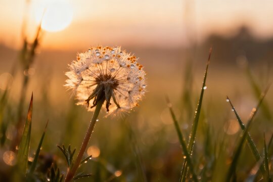 A dew-covered dandelion glistens in the morning light with a soft, blurred background. - Powered by Adobe