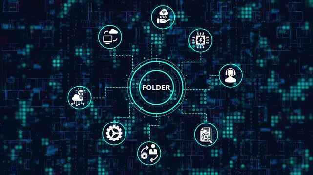 The folder icon is at the center of a network of icons representing various functions and services, all set against a backdrop of digital data streams