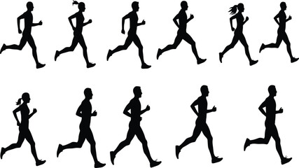 Running silhouettes, athletic motion, human stride, dynamic movement, sports illustration, jogging figures, fitness icons, black silhouettes, animation reference, vector art