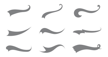 Swoosh and swash tails collection. Swooshes text tail for baseball design. Sports swash underline shapes set in retro style. Swish typography font element for athletics, baseball, football