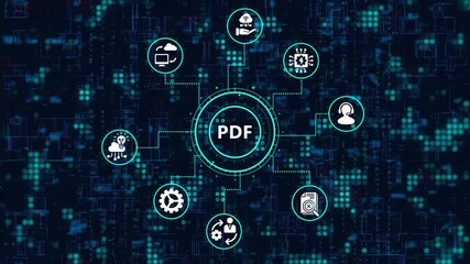 The pdf icon is at the center of a network of icons representing various functions and services, all set against a backdrop of digital data streams - Powered by Adobe
