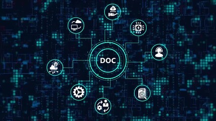 The doc icon is at the center of a network of icons representing various functions and services, all set against a backdrop of digital data streams - Powered by Adobe