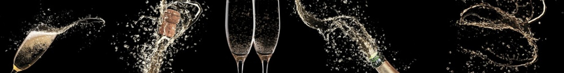 Champagne splash with flying cork and glass bubbles on black background