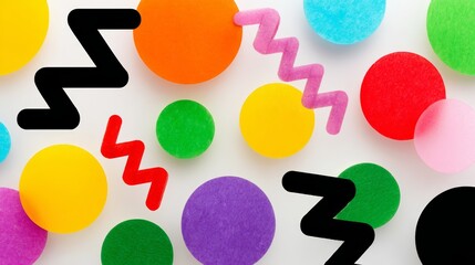 Colorful background with many different colored circles and zig zags. The zig zags are black and the circles are multicolored