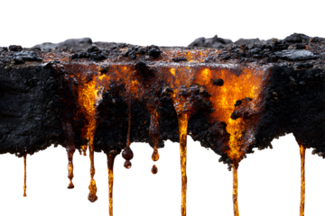 Molten lava dripping from charred rock in fiery natural phenomenon