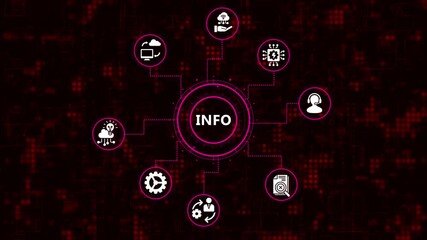 Animated presentation of information with icons representing various concepts, connected by lines to a central circle displaying the word info on a dark red background - Powered by Adobe