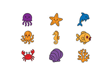 Colorful Whimsical Ocean Life Cartoon Sea Creatures Vector Collection on White Background.
