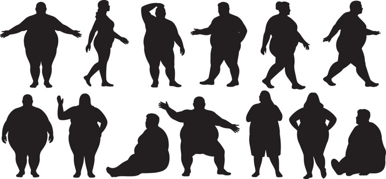 Fat Man Silhouette Vector Set. over weight lady, over weight man , silhouettes vector set