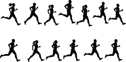 Running silhouettes, athletic motion, human biomechanics, stride phases, sports training, dynamic movement, fitness illustration, animation reference, track runners, sprint poses