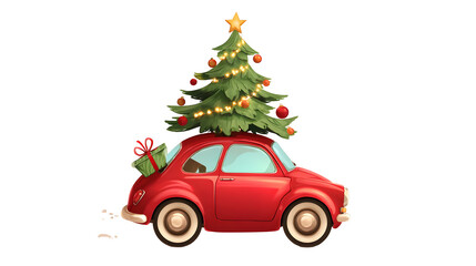 Red vintage car carrying decorated christmas tree with gifts