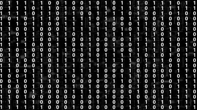 Digital binary code background red color. Matrix style program. Random falling numbers. Shiny numbers of 1 and 0 animated to change randomly. Technology and programming layer screen overlay