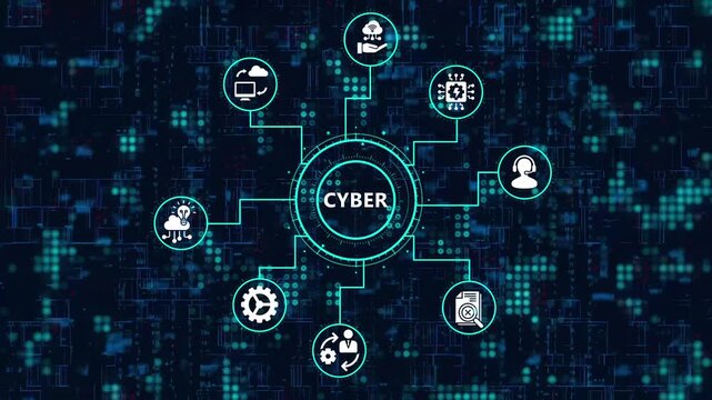 The cyber icon with data protection and security concept on dark red background, symbolizing digital safety, privacy, and secure information management in the cyber world