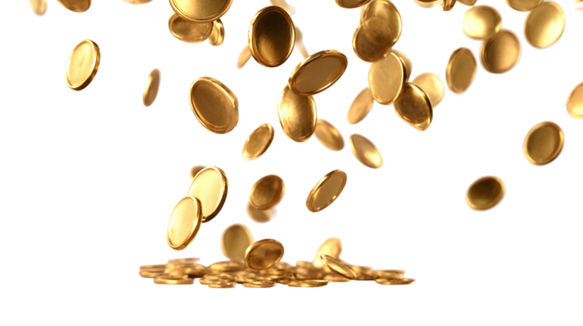 Falling gold coins against black background