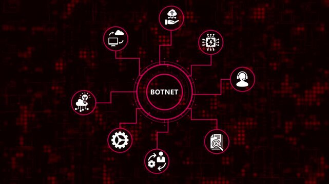 The botnet icon with data protection and security concept on dark red background, symbolizing digital safety, privacy, and secure information management in the cyber world