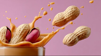 Glass of milk with a splash of peanut butter and a few peanuts floating in it. Concept of indulgence and comfort, as the combination of peanut butter and milk is a classic and satisfying snack