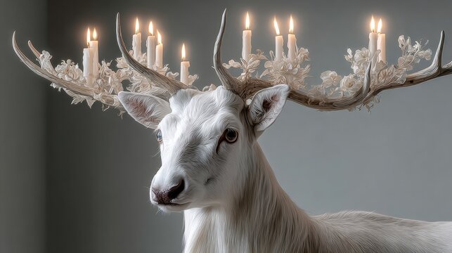 Deer with a head full of candles. The deer is white and has a large antlers. The candles are lit and are arranged in a way that they look like they are on the deer's antlers - Powered by Adobe