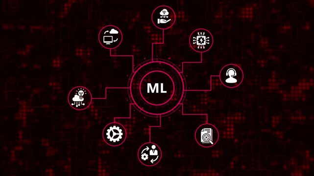 Ml concept with interconnected icons representing various aspects of machine learning, illustrating the structure and functionality of ml algorithms and models