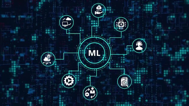 Ml concept with interconnected icons representing various aspects of machine learning, illustrating the structure and functionality of ml algorithms and models