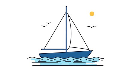 Fototapeta premium Minimalist Blue Sailboat on Water with Sun and Birds.