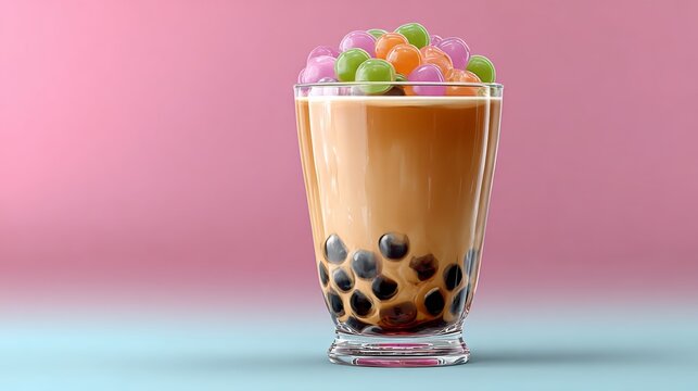Glass of tea with colorful jelly beans floating in it. The jelly beans are in different colors and sizes, creating a fun and playful atmosphere