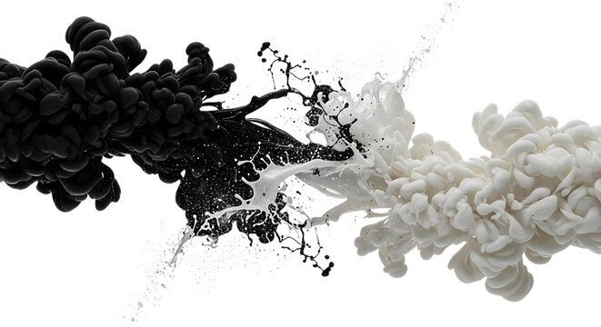 A captivating clash of black and white ink creates a mesmerizing dance of contrasts, as swirling plumes collide and merge in a dynamic display of fluid artistry isolated on transparent background