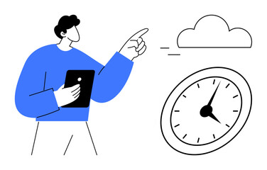 Man with tablet pointing to a cloud next to a clock representing productivity, time management, cloud computing, planning, scheduling, organization, and digital collaboration. Simple flat metaphor
