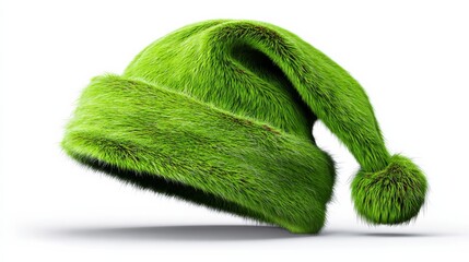 Green hat with a green fuzzy ball on top. The hat is made of grass and has a green color