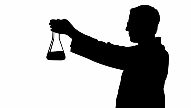 Silhouette of a scientist holding a flask with liquid in a laboratory setting for experiment and analysis