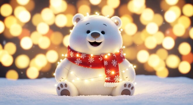 Adorable cartoon polar bear wearing a festive scarf and christmas lights