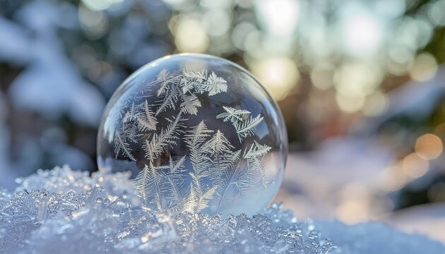 Frozen soap bubble resting on snow reflecting sunlight, macro winter photography capturing delicate ice crystals, natural symmetry, and fragile beauty of ephemeral frozen art