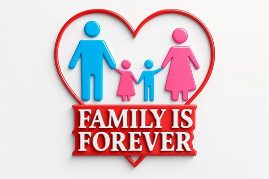 Loving family of four represented by colorful figures inside a heart with the phrase family is forever