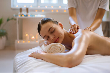 Happy relaxed lady having massage session in spa salon, lying with closed eyes and smiling,...