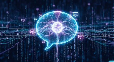 A digital speech bubble with glowing circuits, representing communication, artificial intelligence, and the future of online conversation