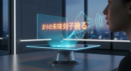 Close-up of a microphone with turquoise soundwave effect and orange lettering on a screen, representing modern communication or voice technology