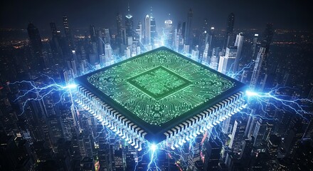 A futuristic city with a glowing microchip at its center, symbolizing technological advancement and the integration of technology into urban life