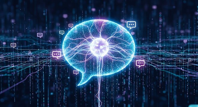 A digital speech bubble with glowing circuits, representing communication, artificial intelligence, and the future of online conversation