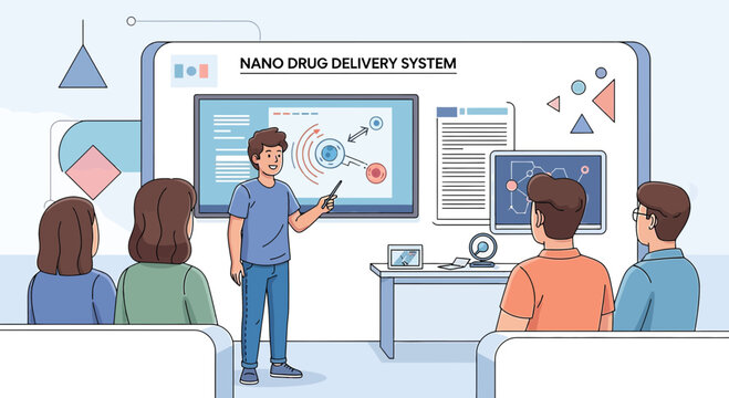 Illustration of a scientific presentation on nano drug delivery system with audience