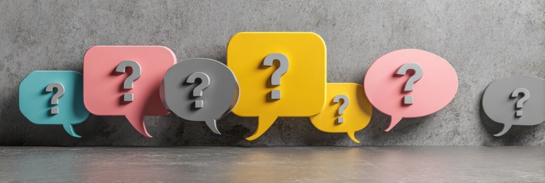 Legal Confusion. Speech Bubble Question Marks in Front of Grey Wall Background - 3D Illustration