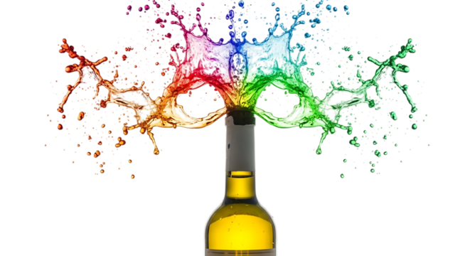 A vibrant explosion of colored liquid erupting from a white wine bottle, creating a stunning visual effect, isolated on transparent background the colors blend and swirl, adding a dynamic element
