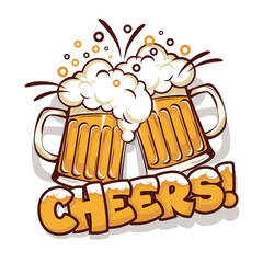 Beer Time poster in comic style.  Hand drawn design with beer mugs and cheers word. Vector on transparent background