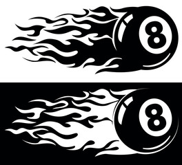 Fire billiard black ball number 8 for pull. Vector logo design element on transparent and black background