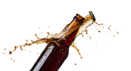 Closeup of a brown glass bottle with a splash of cola, isolated on transparent background, showcasing the dynamic movement and refreshing nature of the beverage with droplets and bubbles