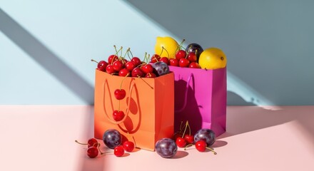 Cherries and plums in colorful shopping bags